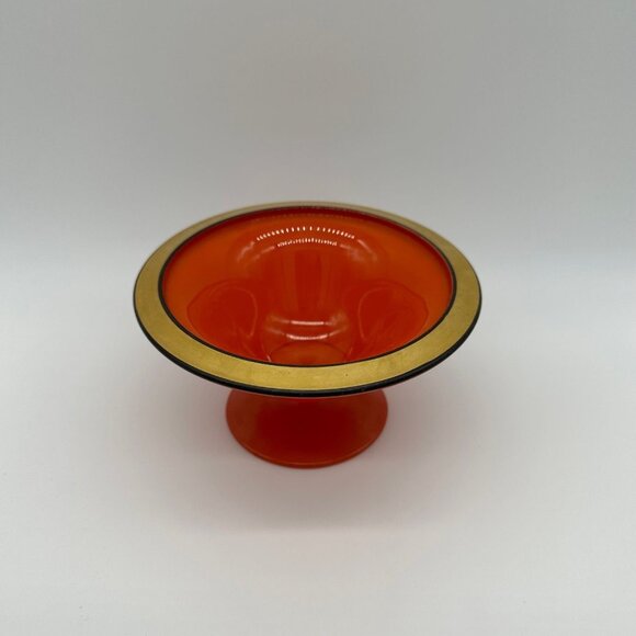Vintage Compote Bowl Art Deco Console Centerpiece Footed Pedestal Orange Gold - Picture 1 of 10